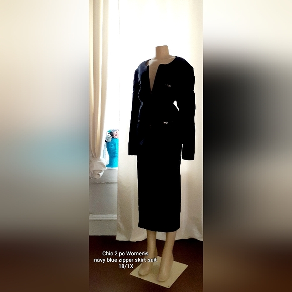 Chic 2pc Navy Blue Zipper Skirt Suit 18/1X - Picture 1 of 9
